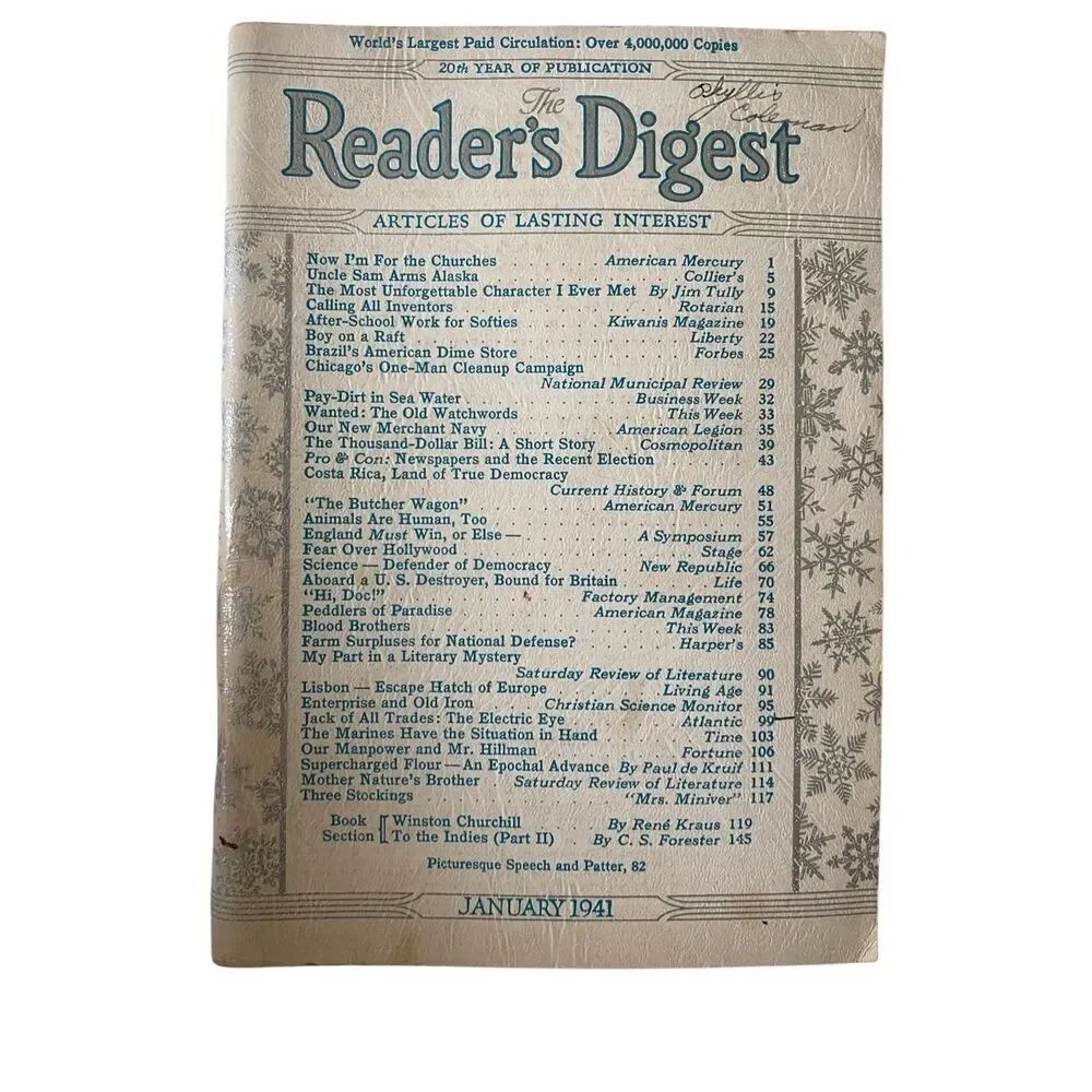 Readers Digest January 1941 Articles Of Lasting Interest WW2 Era